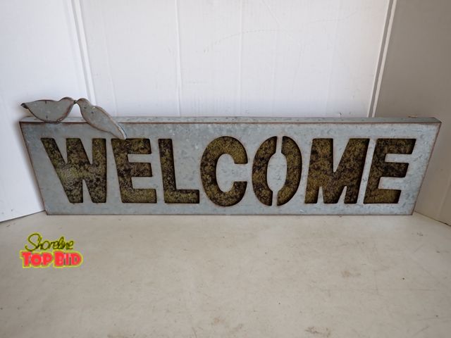Lot 59-20038 - Galvanized Metal Welcome Sign - measures 32" long x 8 1/2" high. Has a green background that can eas...