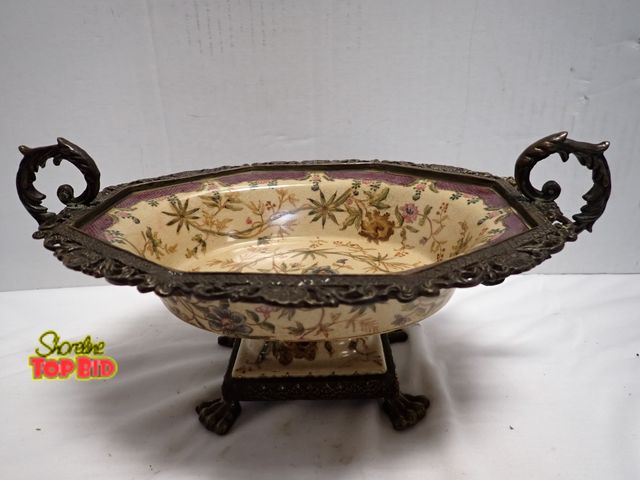 Lot 59-10427 - Antique Ornate Asian Footed Bowl, Heavy Bronze Trim &amp; Footed Base, Porcelain Dish 6" x 13" x 9"