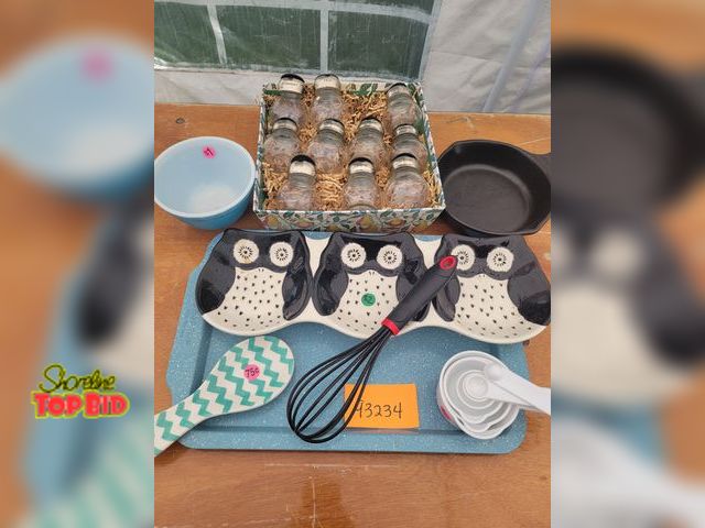 Lot 59-93234 - Cute Kitchen Starter Set! Includes spice jars, baking sheet, bowl, pan, and more! See photos for lot...