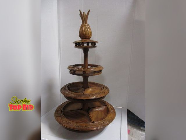 Lot 59-10039 - Vintage Mid-Century Modern Tiki Monkey Pod 4-Tier Lazy Susan Server