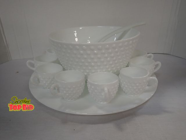 Lot 59-24222 - Rare Fenton Hobnail Milk Glass Punch Bowl Set, 14-Pc Set, Beautiful