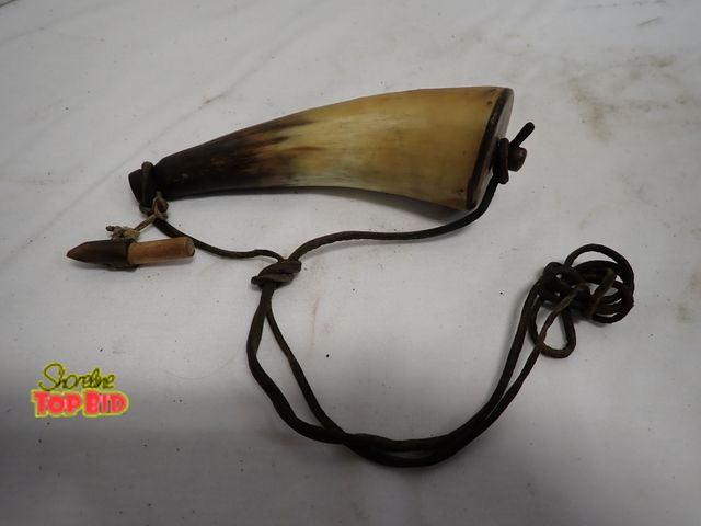 Lot 59-10409 - Original Stag Horn Powder Horn with Dowel Tip Plug &amp; Leather Sling 7 1/2" long