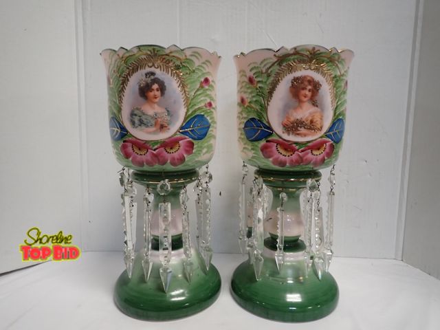 Lot 59-14041 - Pair of Antique Mantle Lustres, Victorian Era 19th to early 20th Century, Bohemian (Czech) 14 1/2" t...