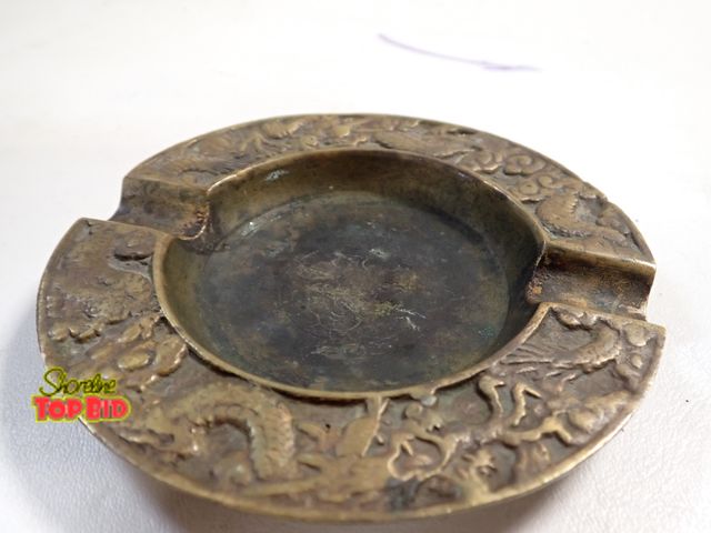 Lot 59-14345 - Mid-Century Korea Brass Ashtray 4 5/8" dia, Embossed Asian Motif