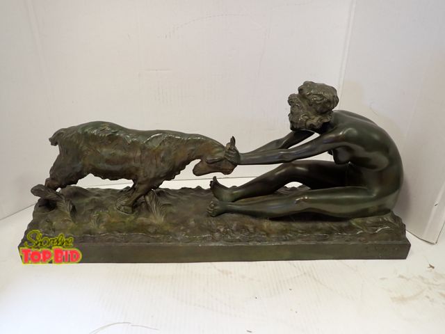 Lot 59-10141 - Signed, A. Gory (active 1875 - 1925) Bronze Sculpture titled "Joven Con Cabra" (Young Woman with Goa...