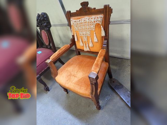 Lot 59-10099 - Victorian Antique Parlor Arm Chair, Velvet Upholstered with Carved Wooden Motifs, Solid Sturdy Condi...