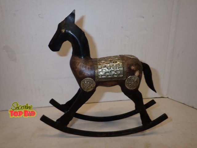 Lot 59-14381 - Antique Hand Carved Wooden Rocking Horse Adorned with Intricate Metal Accents, Primitive or Folk Art...