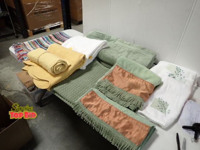 Lot 59-46106 - Large Assortment of Bathroom Towels, etc. - 8 Towels, various size, never used; 2 rugs plus shower c...