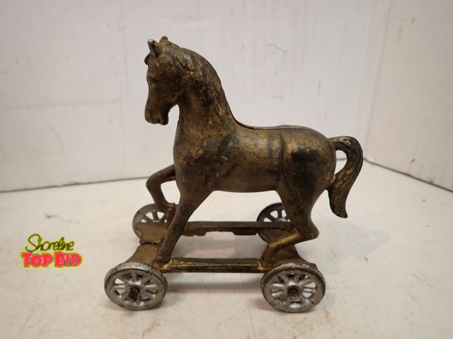 Lot 59-14514 - Antique Cast Iron Horse on Wheels Coin Bank by A.C. Williams Co. 1910s-1920s, 5" tall x 4.75" long