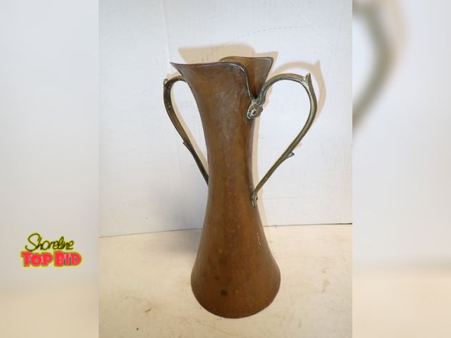 Lot 59-14592 - Antique Russian Hand-Hammered Copper Ewer/Vase/Pitcher with Double Brass Handles, Maker Stamped on B...