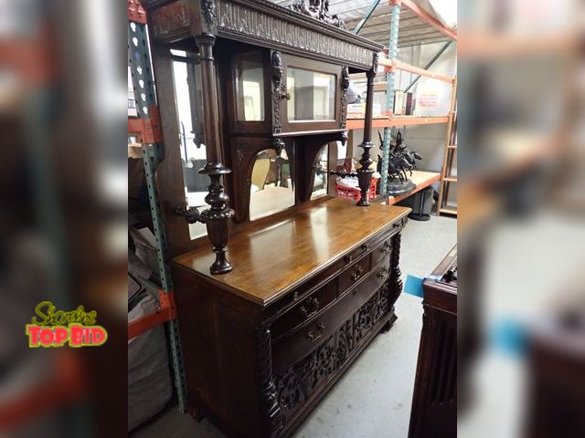 Lot 59-10036 - Beautiful Victorian Tiger Oak with Ornate Hand Carved Lions Heads &amp; More. Server/Hutch has Bevel...