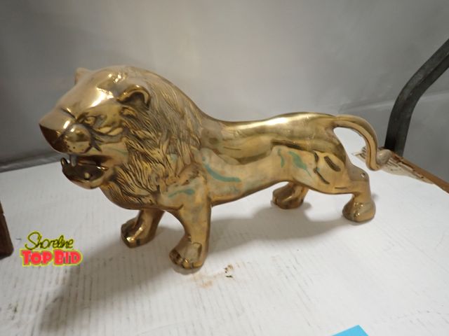 Lot 59-10263 - Vintage Solid Brass Lion Statue, Mid-Century Modern Art Deco 8" x 14" x 4" - Match to Lot 10264