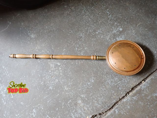 Lot 59-43913 - Vintage Copper/Brass Trimmed Bed Warmer - 11 1/2" diameter x 2" deep. The All Wooden Handle is 30" l...