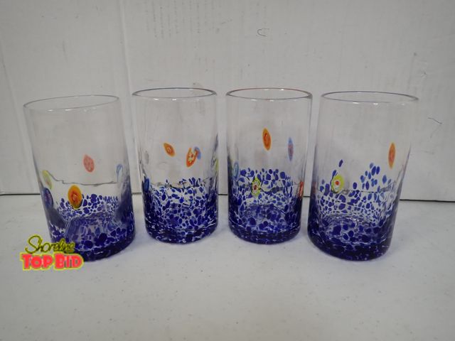 Lot 59-21080 - 4 Gorgeous Glasses Blue, Orange, Yellow - measures 6" tall x 3 1/2" diameter