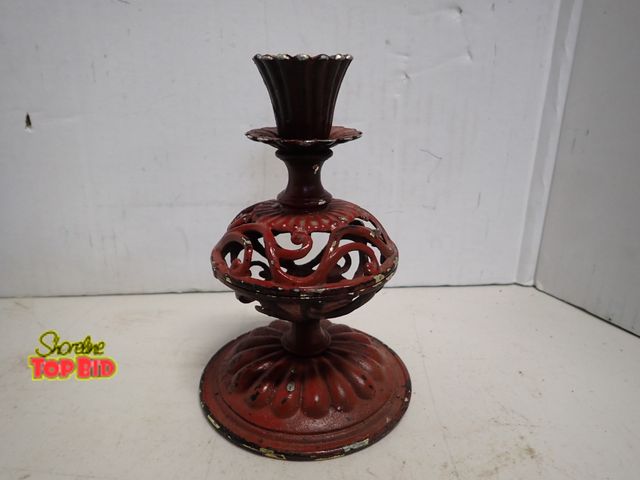 Lot 59-14303 - Vintage Hand Painted Red with Visible Brass Patina Indian Brass Candlestick Holder