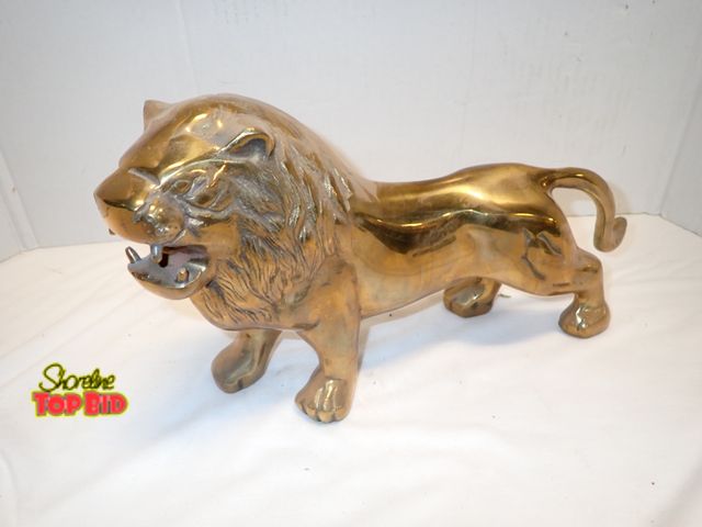Lot 59-10264 - Vintage Solid Brass Lion Statue, Mid-Century Modern Art Deco 8" x 14" x 4" - Match to Lot 10263