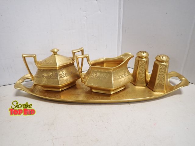 Lot 59-14289 - Antique TK Thuny Czechoslovakia Porcelain Gold Gilt Tea Set, Cream, Sugar, Salt &amp; Pepper and Ser...