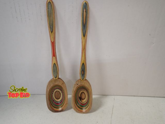 Lot 59-43608 - 2 Vintage 9 1/2" Wood Spoons, Russian Khokhloma Craft Hand Painted Folk Art 1970s Boho