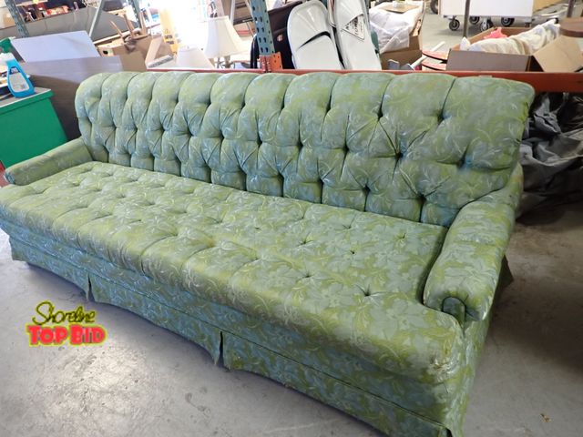 Lot 59-24063 - Awesome Mid-Century Sofa, Tufted - Aqua Blue &amp; Green Floral Pattern, 8 Footer. Great Condition