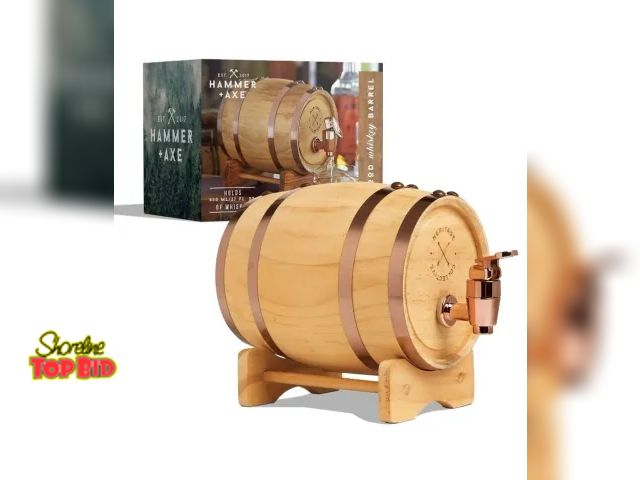 Lot 59-74582 - Hammer + Axe 800ml Wood Whiskey Barrel Dispenser with Stand New in Box