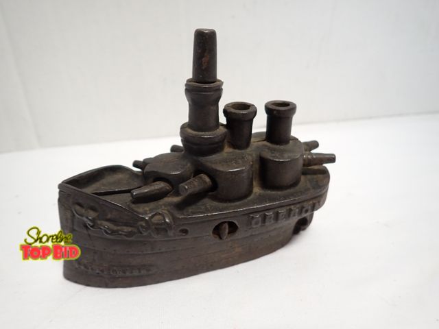 Lot 59-10327 - Antique Cast Iron Still Bank Modeled after the U.S.S. Oregon Battleship by J &amp; E Stevens Co. 4" ...