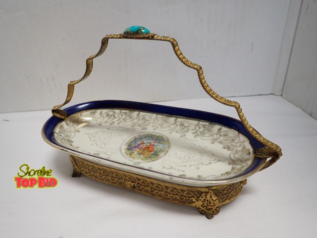 Lot 59-10395 - Oval-Rectangular French Victorian 22K Gold Basket with Turquoise Gem on Handle Porcelain Dish with C...