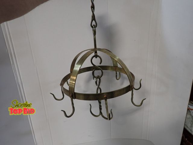 Lot 59-10337 - Antique Round Brass Hanging Pot Rack with 10 Twisted Hooks, Copper Rivets, Strong