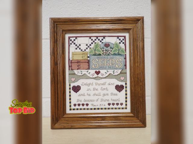 Lot 59-33176 - Framed Counted Cross Stitch Art Piece, Rustic Gardening Theme with a Bible Verse "Delight Thyself al...
