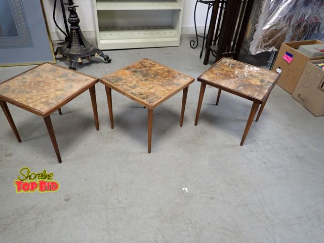 Lot 59-30242 - 3 Mid-Century Teak Glass Top Protector Table Set, Pin Style Legs