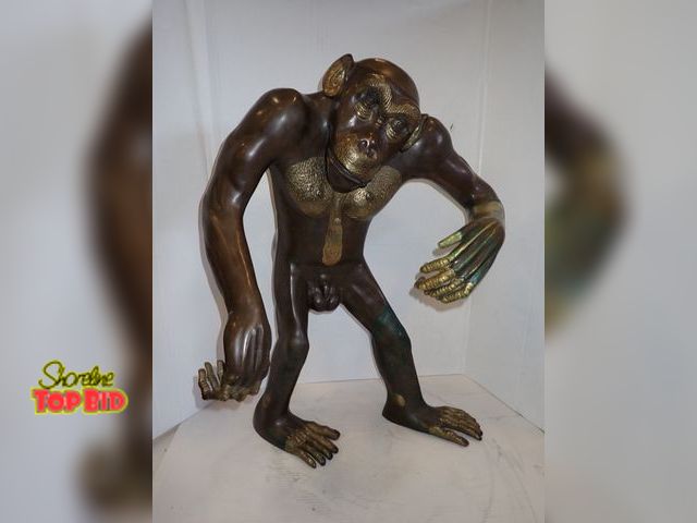 Lot 59-10037 - Mid-century 1950s Bronze Sculpture of a Chimpanzee Gold or Gilded Highlights on the Face and Extremi...