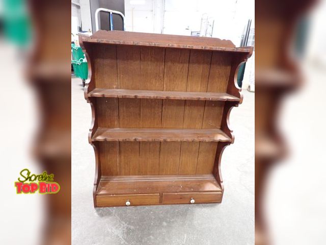 Lot 59-41802 - Vintage maple three tier wall mount spice or plate rack with 2 small drawers