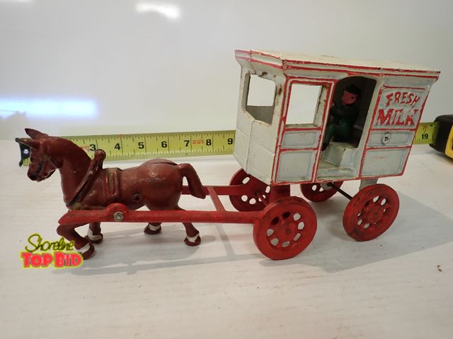 Lot 59-13022 - Vintage Cast Iron Horse-Drawn Milk Wagon with Driver 11" long