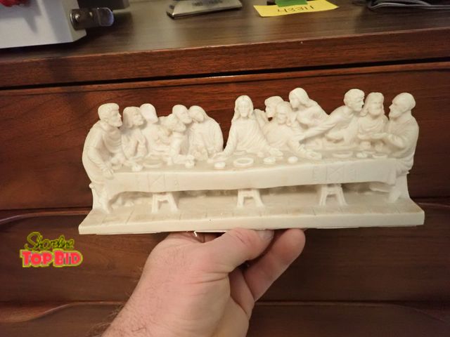 Lot 59-43513 - Last Supper Alabaster Sculpture Santini Italy DaVinci Jesus Hand Carved 9 1/2" long