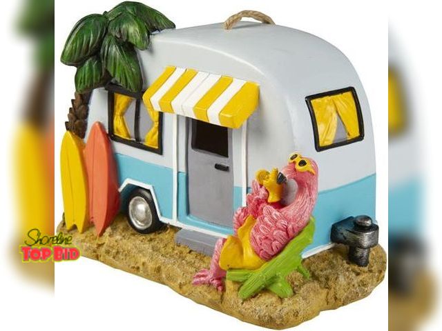 Lot 59-74318 - Too Cool! Brand New! Great Gift! 
Surfs Up RV Camper Flamingo Birdhouse.
 Measures 9" Wide X 7" High...