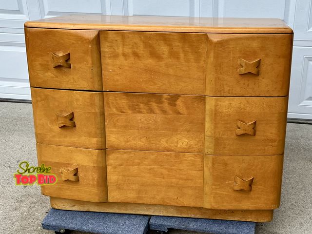 Lot 59-83051 - Heywood Wakefield full size bedroom suite in rio design, made 1943-1944 only. Set includes tall 4 dr...