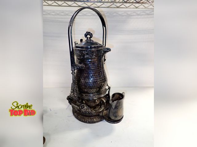 Lot 59-14183 - Victorian Wilcox Silver-Plate Hot Water, Tea Pitcher on Stand Tilting Pour Dispensing 20" tall