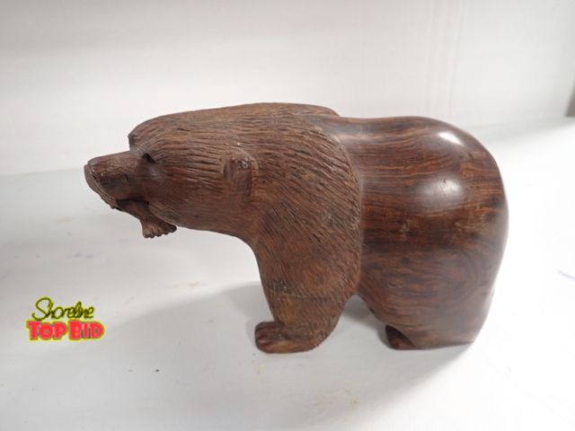 Lot 59-14190 - 61/4" x 9" Antique Traditional Iron Wood Carved Grizzly Bear Sculpture with Fish