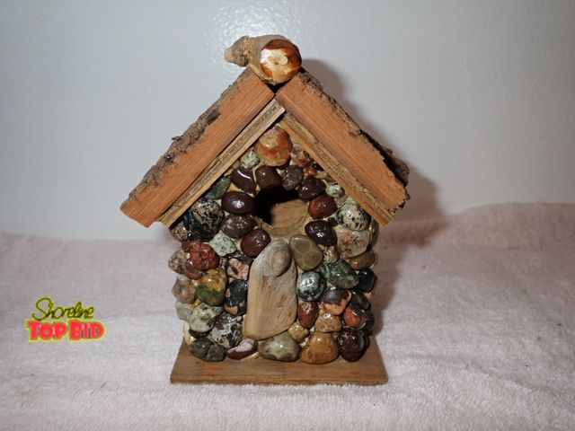 Lot 59-43553 - Handmade Decorative Birdhouse Covered in Small River Stones/Pebbles, Roof Made of Bark or Reclaimed ...