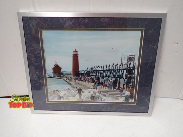 Lot 59-21308 - Real Framed Photo of Grand Haven South Pierhead Light and Catwalk, Vintage 11" x 14"