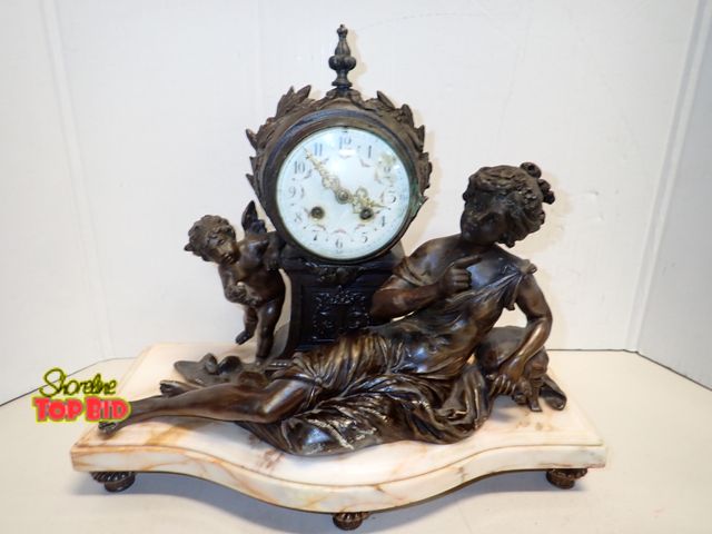 Lot 59-14249 - Art Nouveau 1890s Bronze French Style Figural Mantle Clock 14" x 16", Missing Back Foot