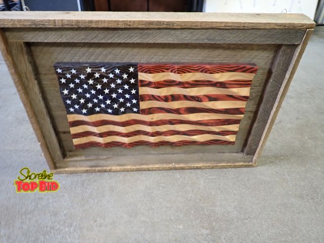 Lot 59-21091 - Rustic Hand Crafted Framed Wooden American Flag Wall Hanger 23" x 33" x 3"