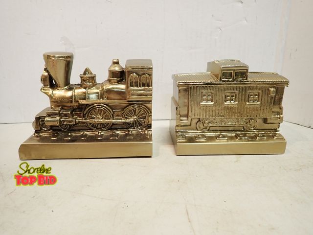 Lot 59-14386 - Vintage PM Craftsman, USA Brass Train Bookends - Locomotive Steam Engine Can Be Stand Alone Decorati...