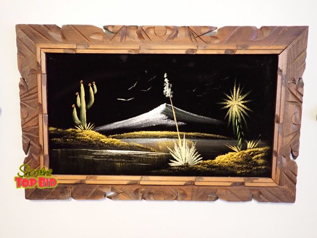 Lot 59-43410 - Vintage Velvet Cactus Painting, Beautiful Wood Carved Frame - Stunning