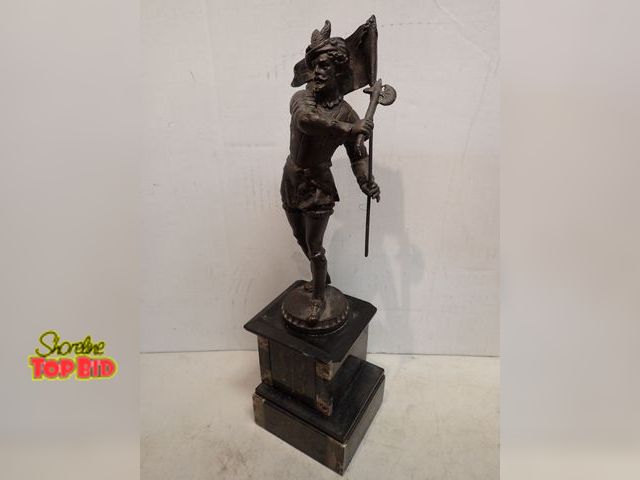 Lot 59-14663 - Ca. 1900, Art Nouveau French Sculpture Spelter "Musketeer" "Cavalier", holding Halberd and a Flag on...