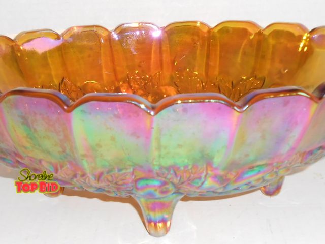 Lot 59-74345 - Vintage Large Oval 4 Footed Fruit Bowl Indiana Glass Amber Carnival Harvest Grape 12"