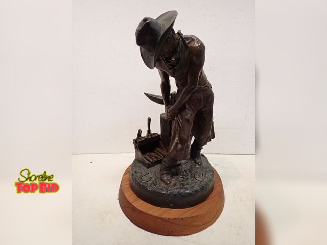 Lot 59-14456 - Signed, 1981 James Muir Bronze Sculpture, Titled "Shoe `n Time" 11" x 6" width on Circle Wooden Base...