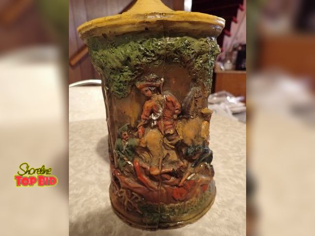 Lot 59-43156 - Rare 1970s Johann Gunter Hand Carved Candle with Hunting Kill Scene 10" x 5 3/4" dia, Unused