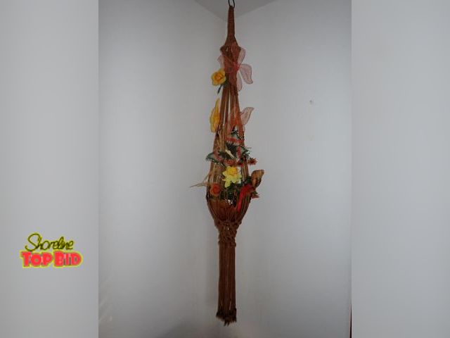 Lot 59-43093 - Vintage Macrame Plant Hanger with Vintage Ceramic Pot, Flowers, Birds and Butterflies