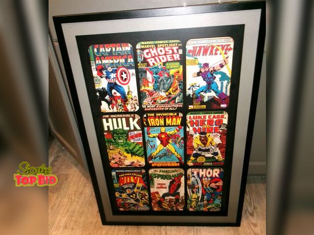 Lot 59-74531 - Too Cool! Vintage Marvel comic book covers wall art.  Measures 32X22 Included Comic Covers Top Row: ...