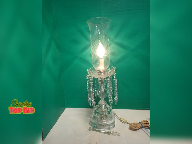Lot 59-14141 - Vintage Cut Crystal Hurricane Lamp with Spear Lustres 22" tall